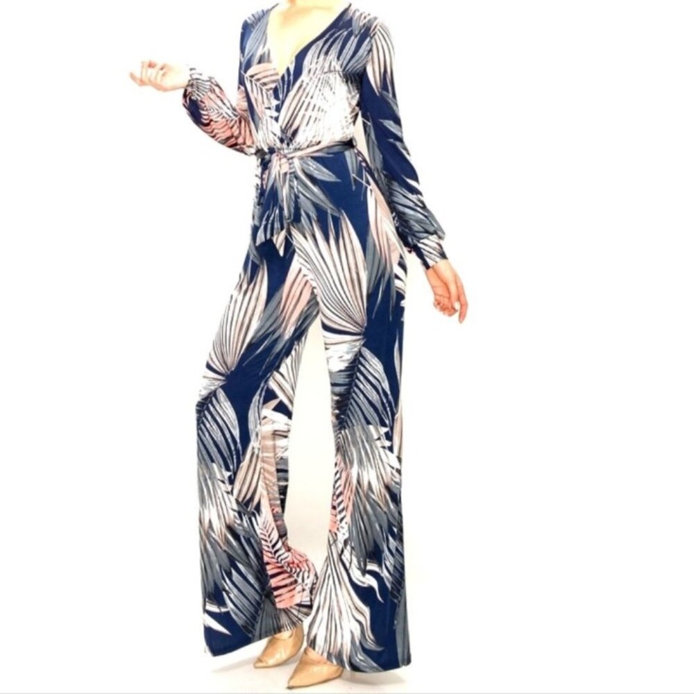 Janette Fashion Blush Navy Palm Leaves Long Bell Sleeve Jumpsuit